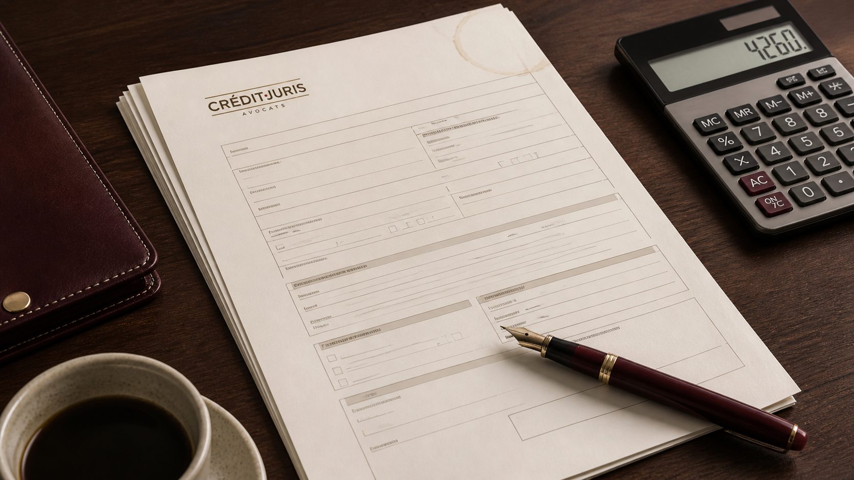 Credit application form, pen and calculator on walnut desk