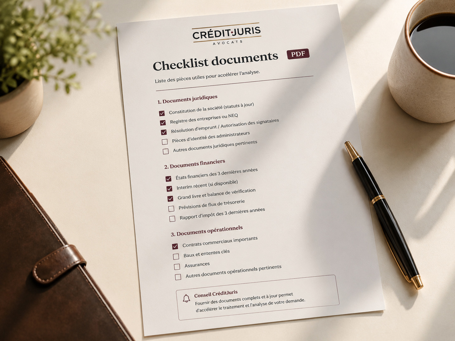 CreditJuris document checklist on a light wood desk