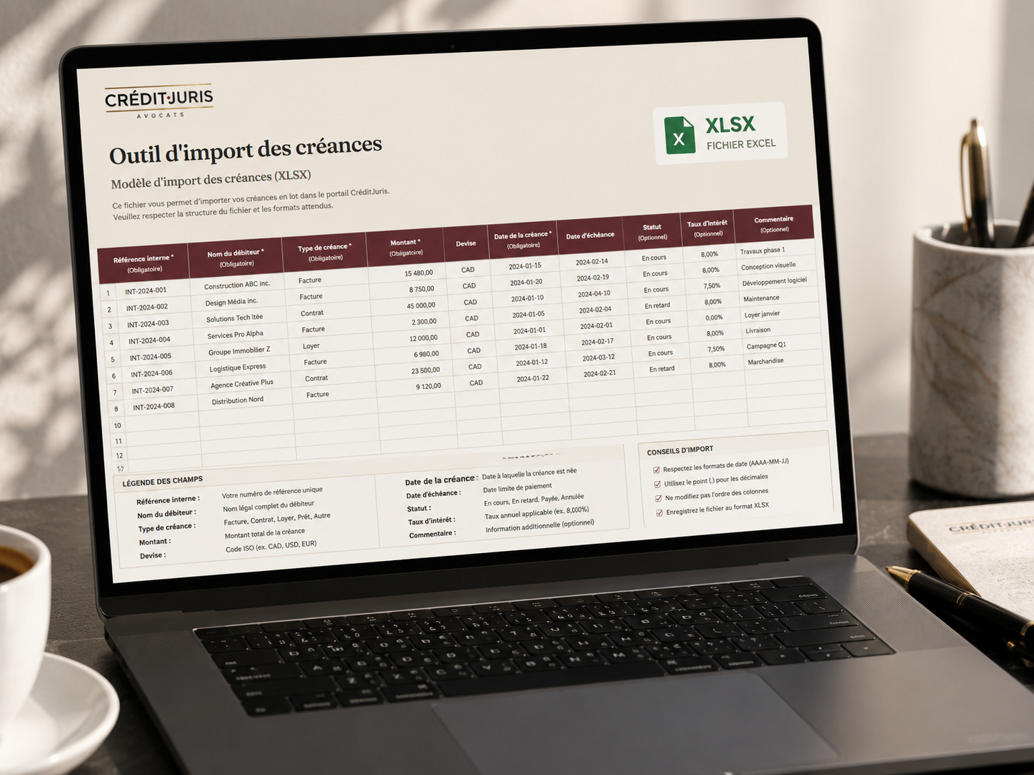 CreditJuris receivables import tool on a laptop