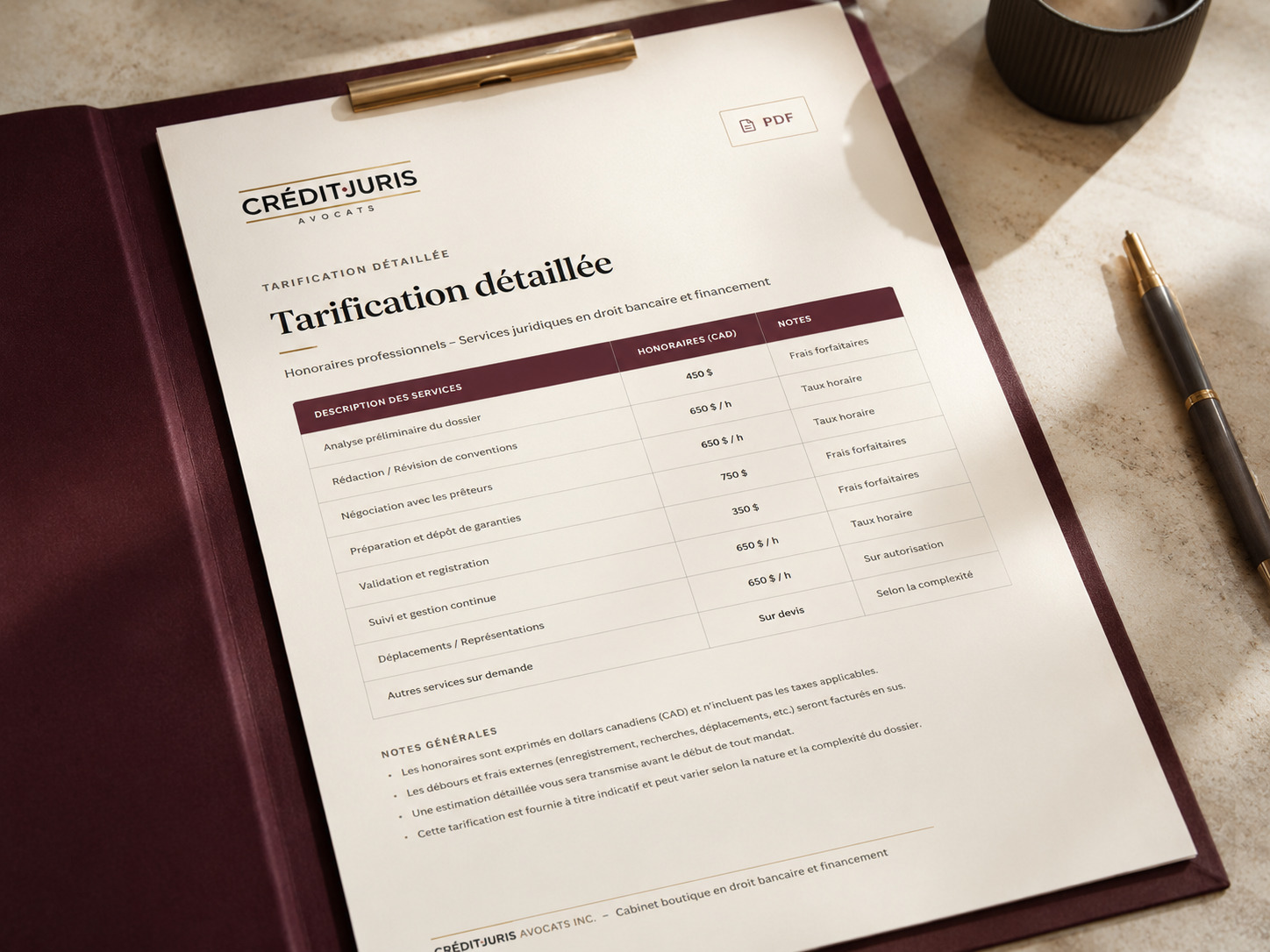 CreditJuris detailed fee schedule on a burgundy clipboard