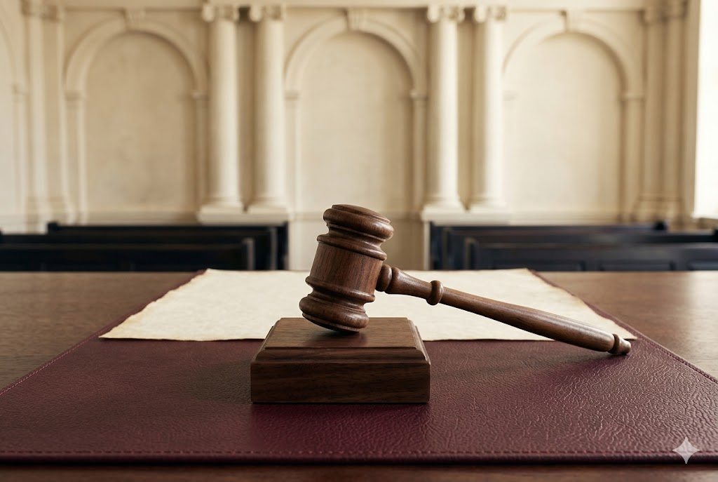 Judge's gavel on burgundy desk pad