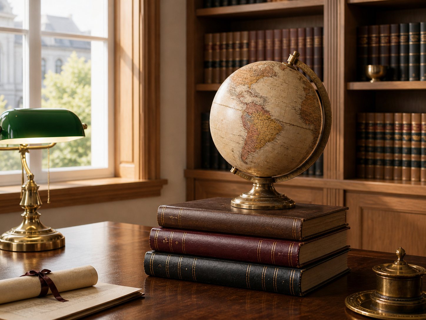 Vintage globe on legal books