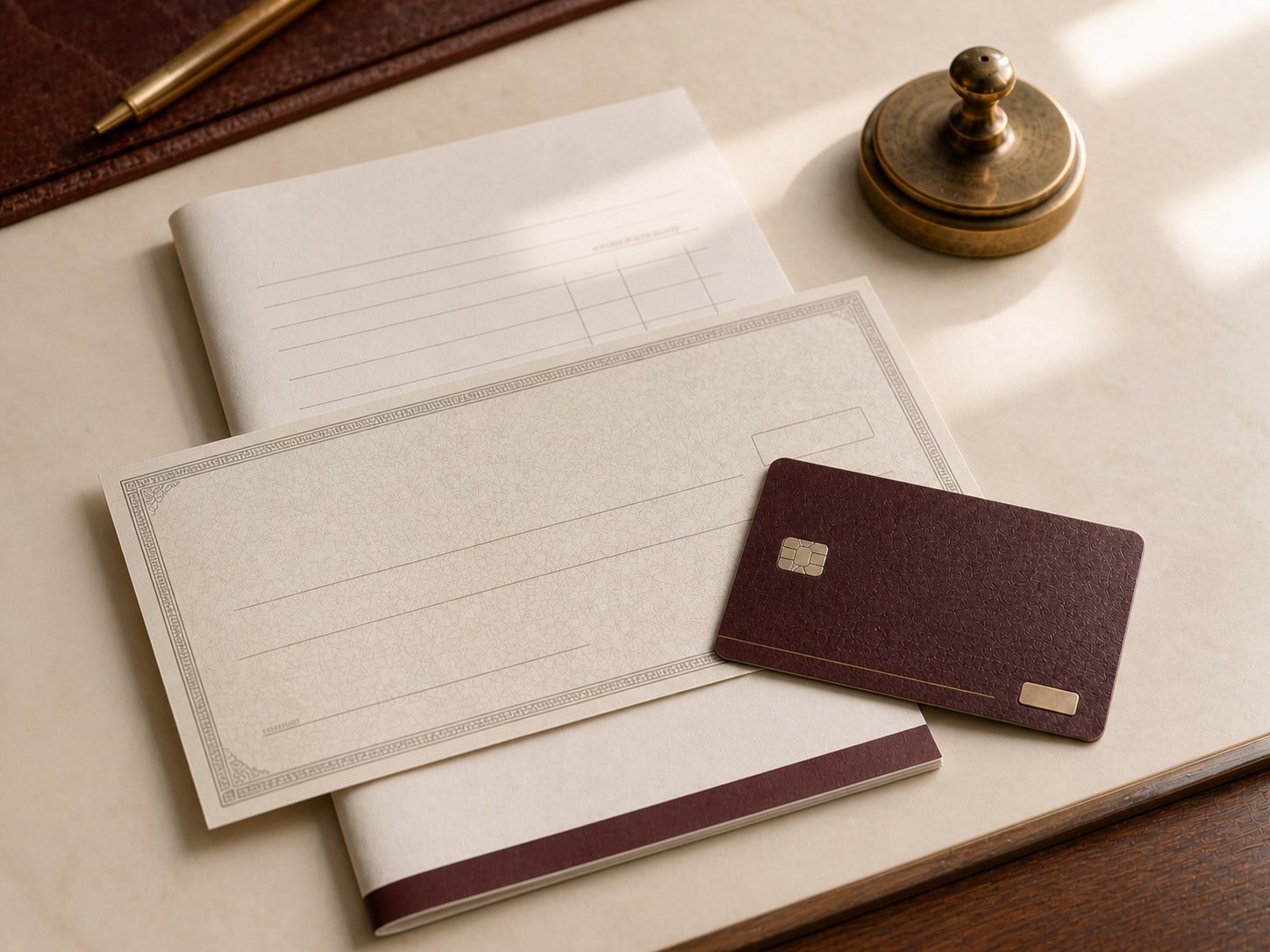 Blank cheque and credit card on walnut desk