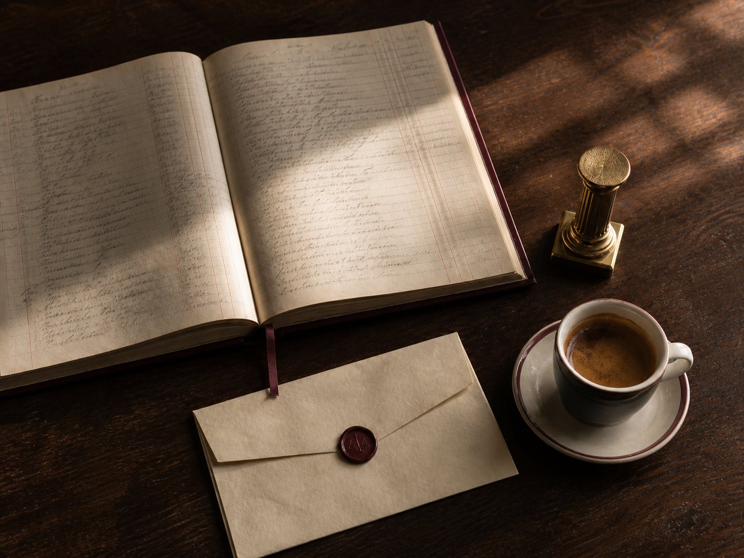 Legal ledger with pen and coffee cup